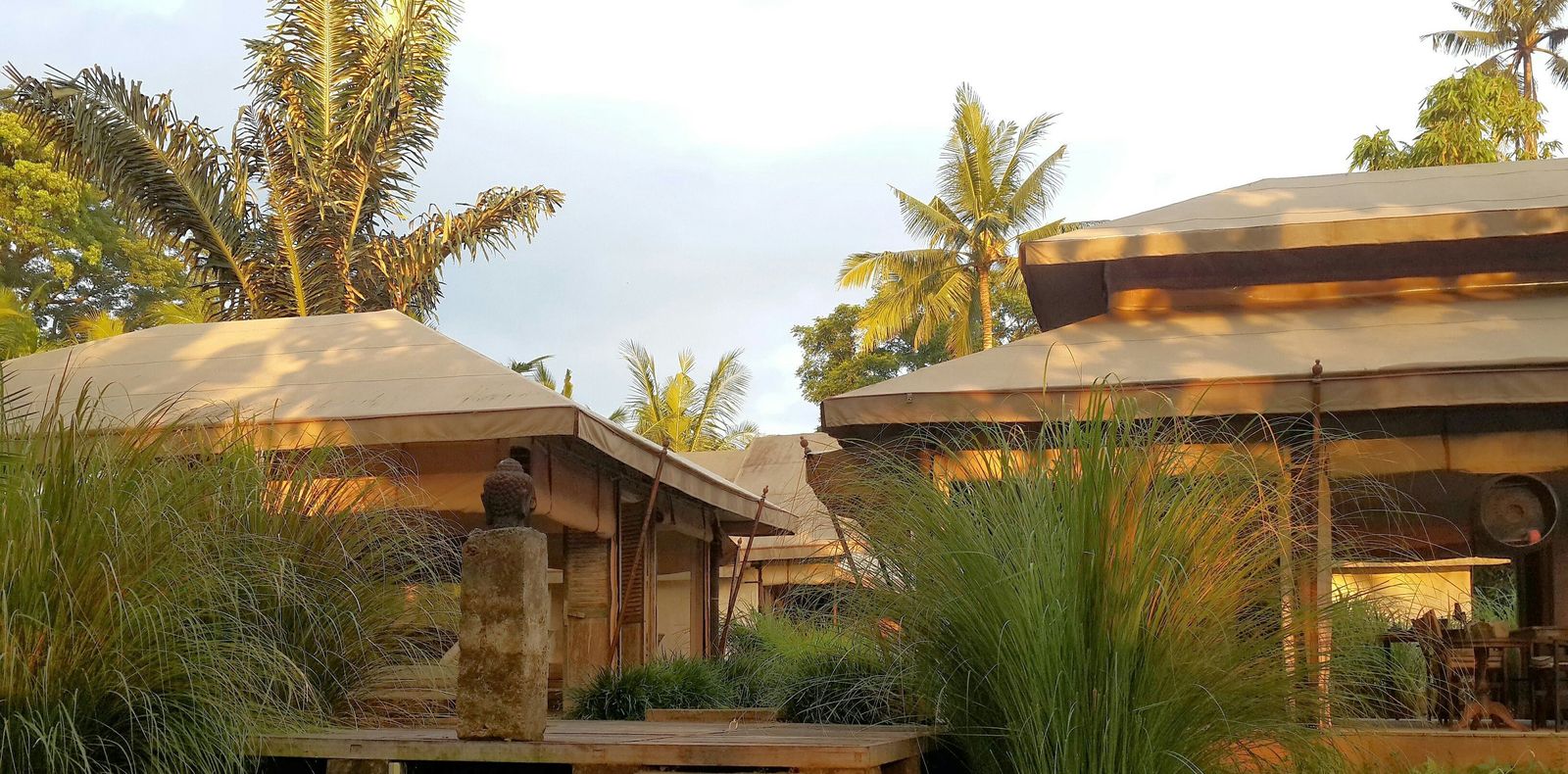 Thatched, open-sided tropical pavilions set among palms and gardens at a jungle resort